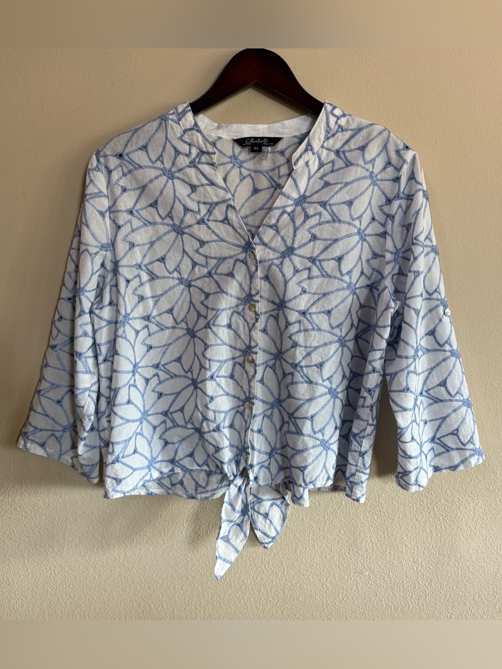 Charlie B Blue Floral Tie-Front Button Shirt